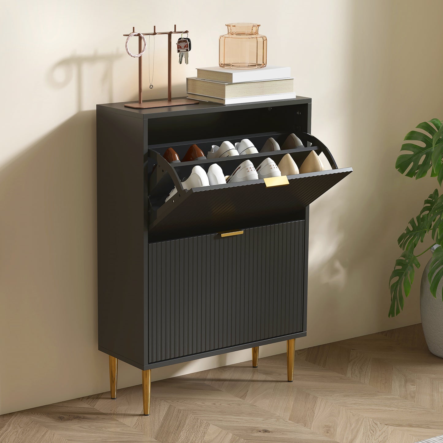 HOMCOM Elegant White Two Drawer Shoe Cabinet With Gold Accents And Adjustable Shelves