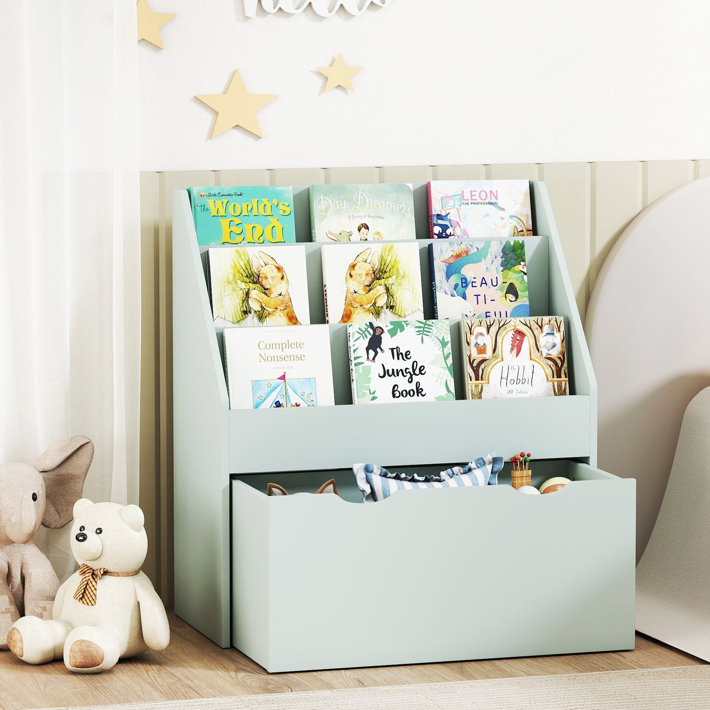 AIYAPLAY Kids Bookcase With Three Shelves And Drawer On Wheels For Bedroom And Playroom Green