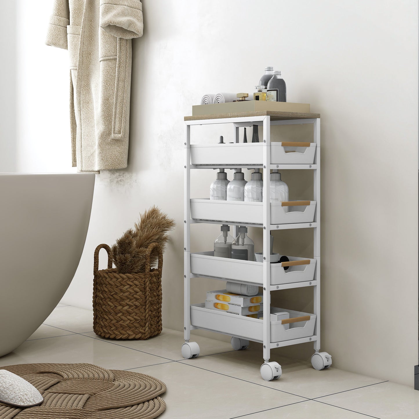 HOMCOM Five Tier Storage Trolley On Wheels White Kitchen Cart With Wood Effect Top And Four Pull Out Drawers