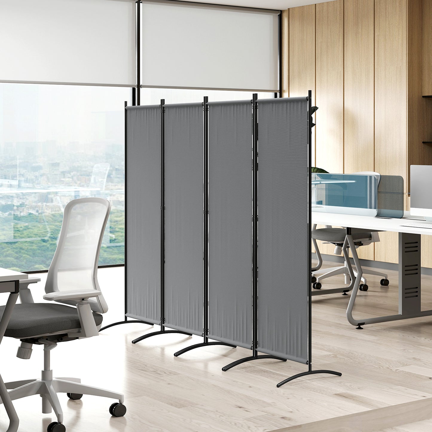 Outsunny 4 Panel Folding Room Divider 1.7m Privacy Screen Metal Partition For Office Living Bedroom Dining Dark Grey