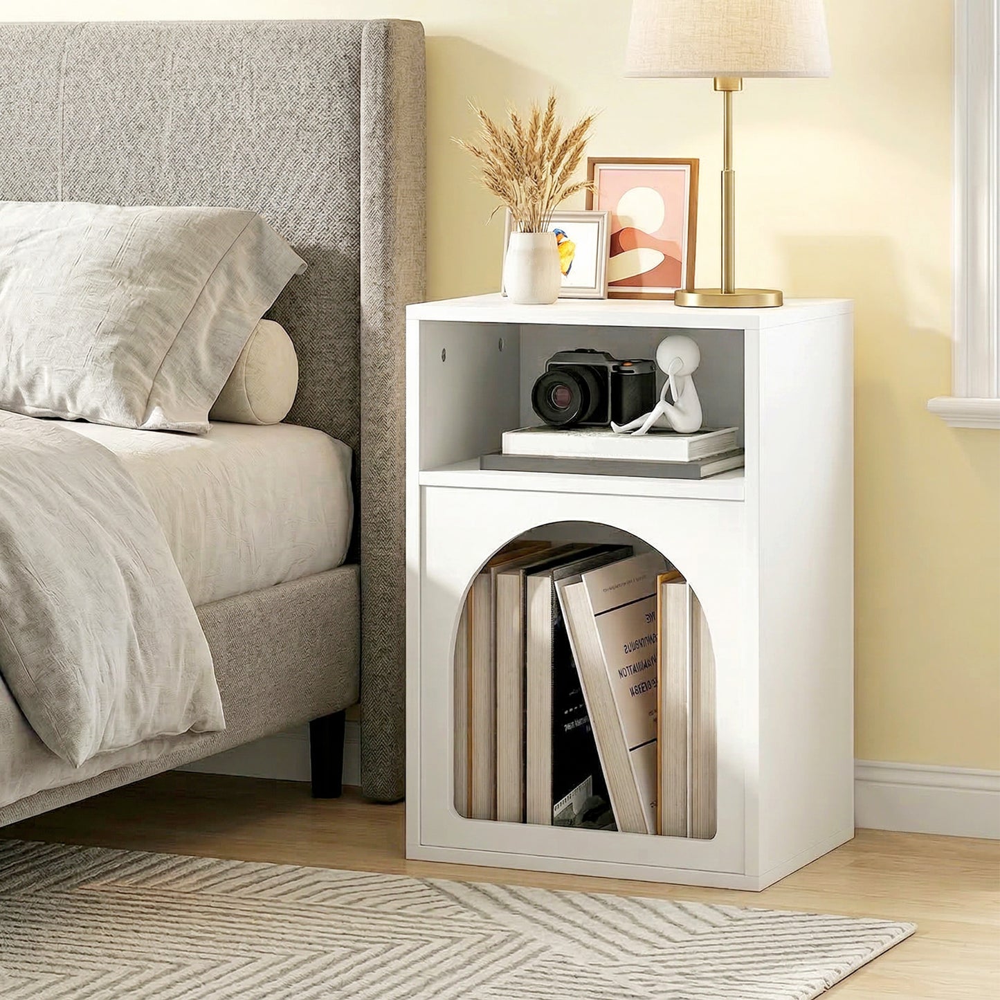 HOMCOM Bedside Table With Arch Design And Two Open Compartments In White For Cozy Storage And End Table Use