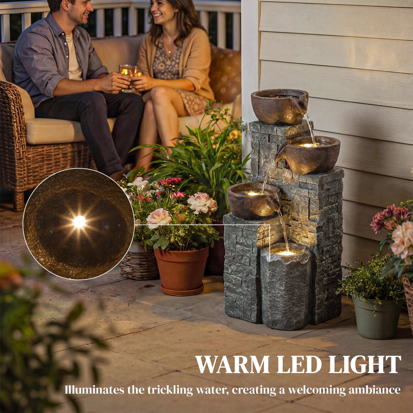 Outsunny 4-Tier Outdoor Fountain With Cascading Waterfall LED Lights Adjustable Flow Grey And Rustic Brown