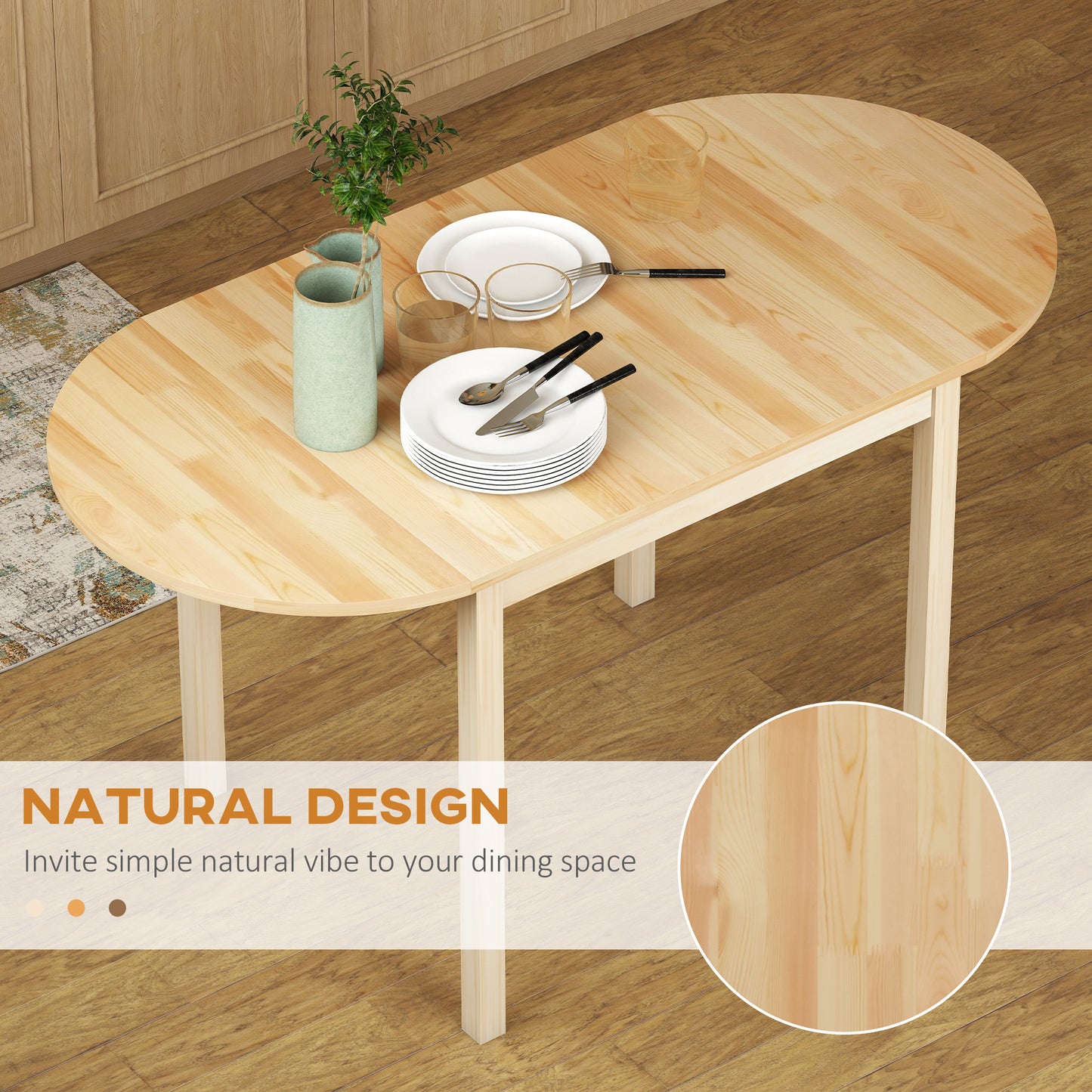 Homcom Four To Six People Wooden Drop Leaf Dining Table With Extendable Sides Natural Finish