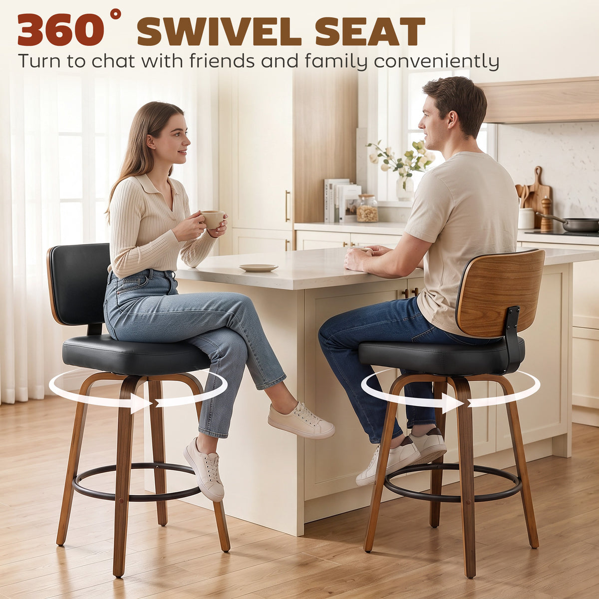 HOMCOM Swivel Bar Stools Set of 2 Padded PU Seats with Backrest and Footrest