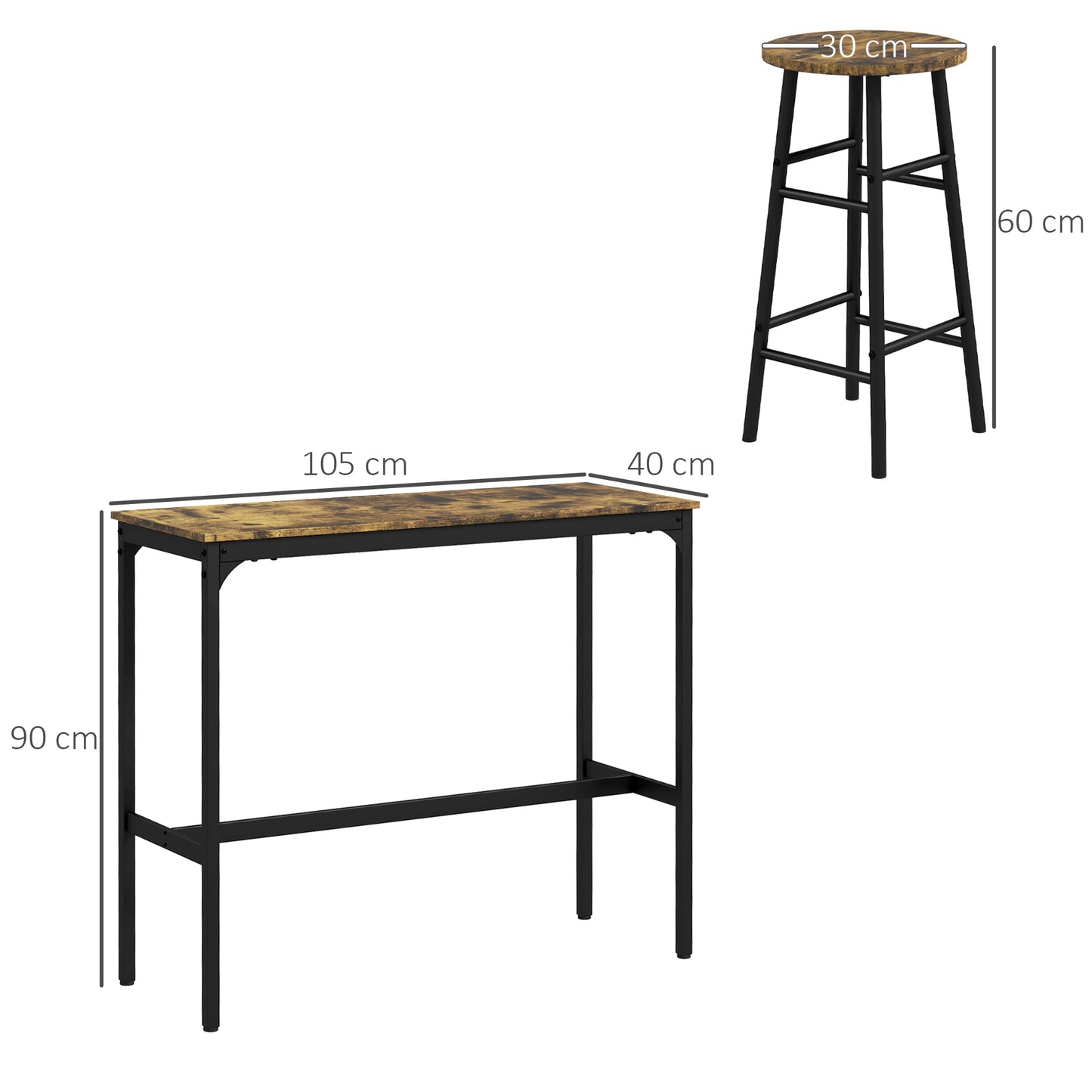 HOMCOM 3 Piece Bar Table Set With 2 Stools Industrial Rustic Brown Dining Table And Chair Set