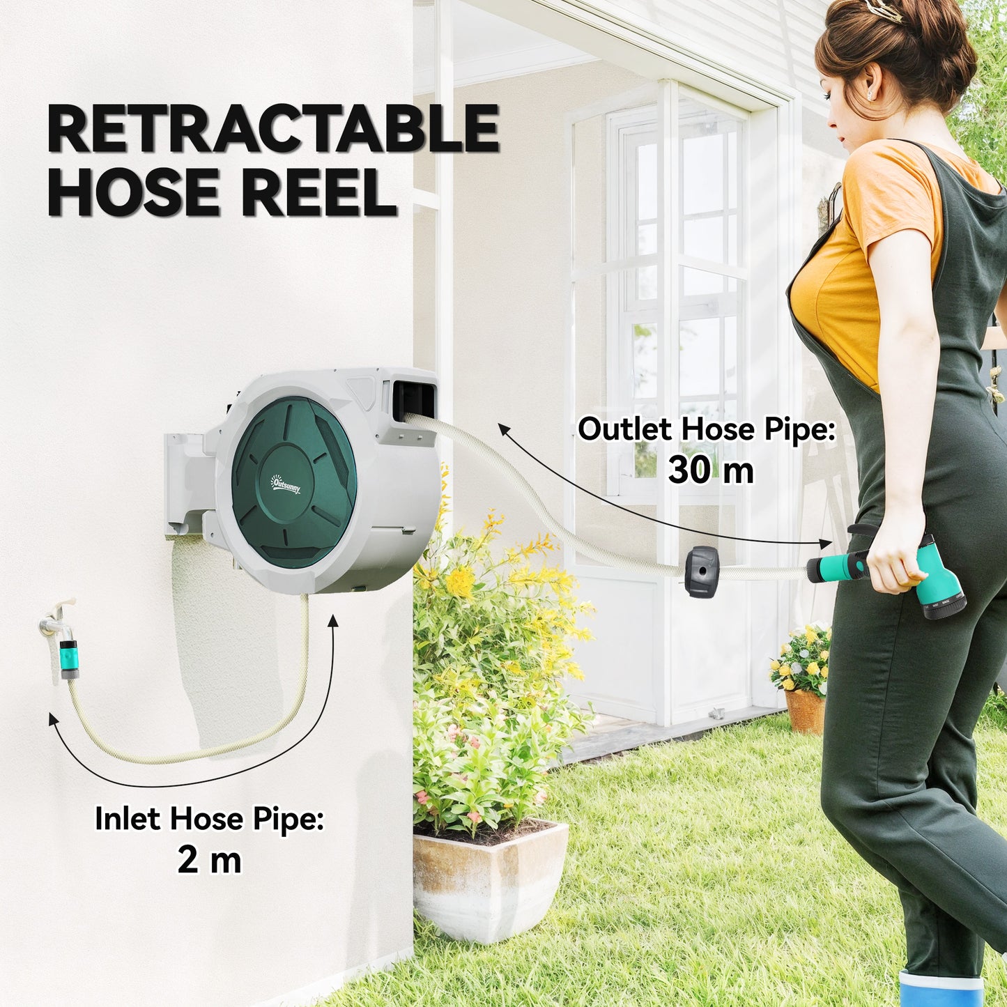 Outsunny Retractable Wall Mounted Hose Reel With 30 Meter Hose Auto Rewind 180 Degree Swivel 7 In 1 Nozzle