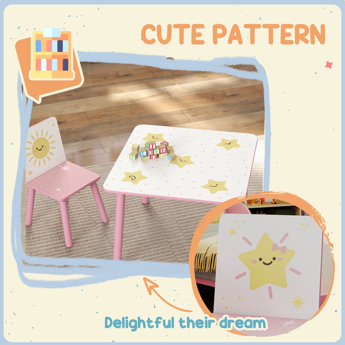 AIYAPLAY 3 Piece Toddler Table and Chair Set Pink With Star Pattern for Bedroom Nursery Playroom Table and 2 Chairs