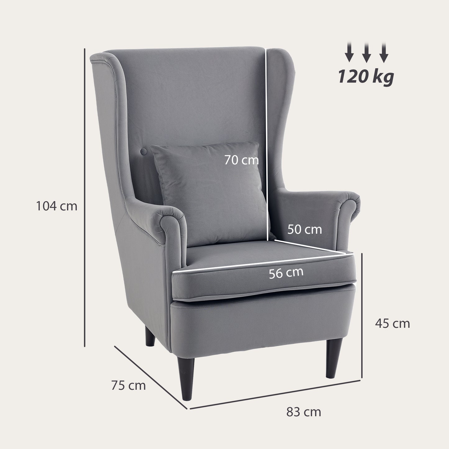 HOMCOM Modern Velvet Wingback Reading Chair With High Backrest And Removable Pillow Cover Solid Wood Legs Dark Grey