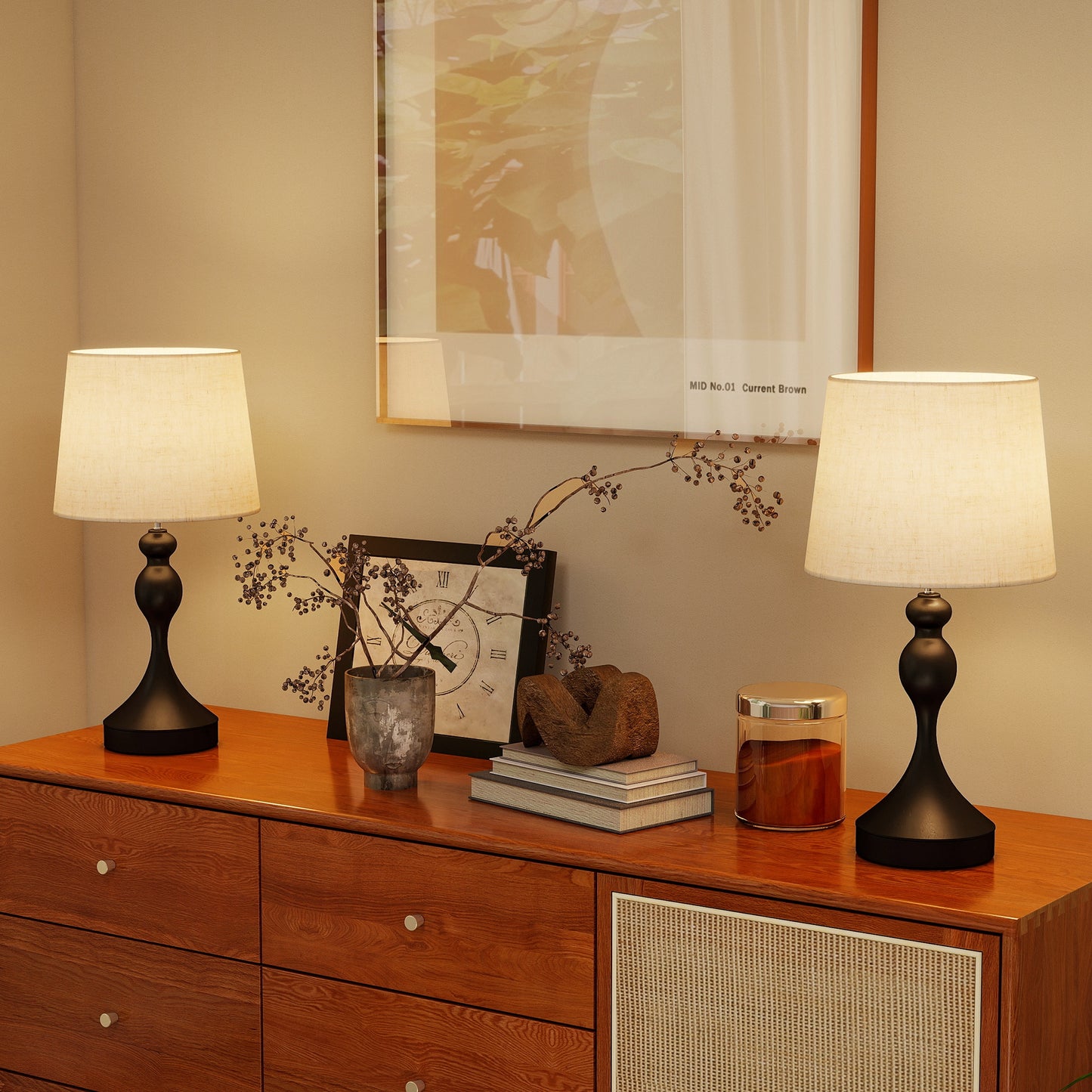 HOMCOM Set Of Two USB Ports Table Lamps With Three Colour Temperature LEDs Black And Beige