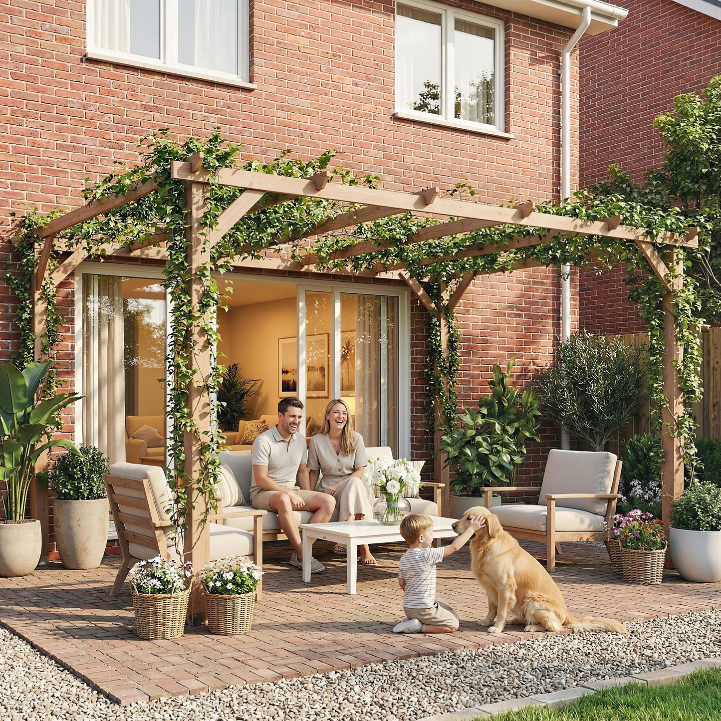 Outsunny 4x3 Meter Wooden Pergola Kit for Garden Gazebo Grape Trellis with Triangle Supports 6 Beams Maple Wood Effect