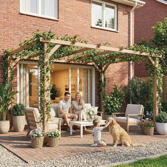 Outsunny 4x3 Meter Wooden Pergola Kit for Garden Gazebo Grape Trellis with Triangle Supports 6 Beams Maple Wood Effect