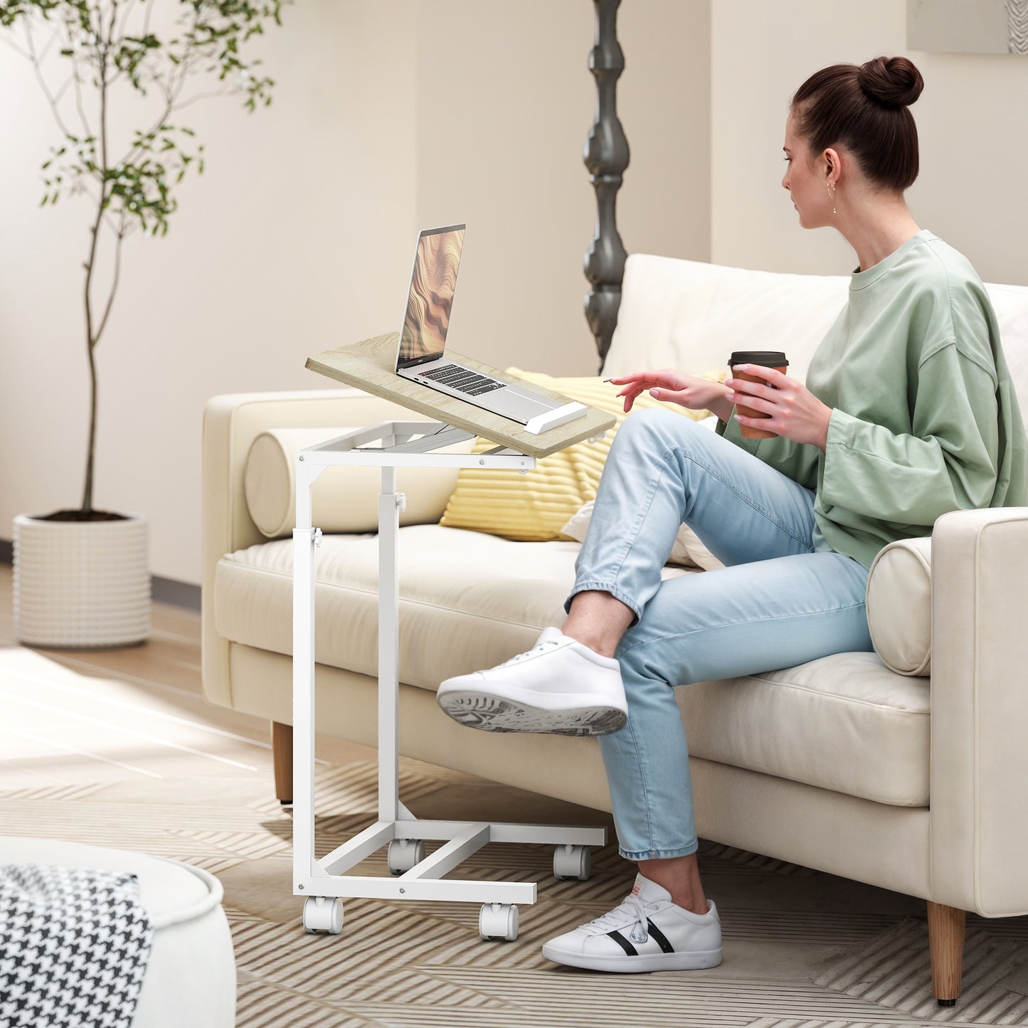 HOMCOM C Shaped Sofa Side Table Height Adjustable Overbed Table With Tilting Desktop Mobile Laptop Desk Oak And White