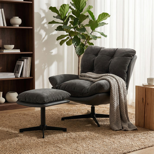 HOMCOM Accent Chair With Footstool Swivel Lounge Chair Chenille Upholstery Metal Base Dark Grey