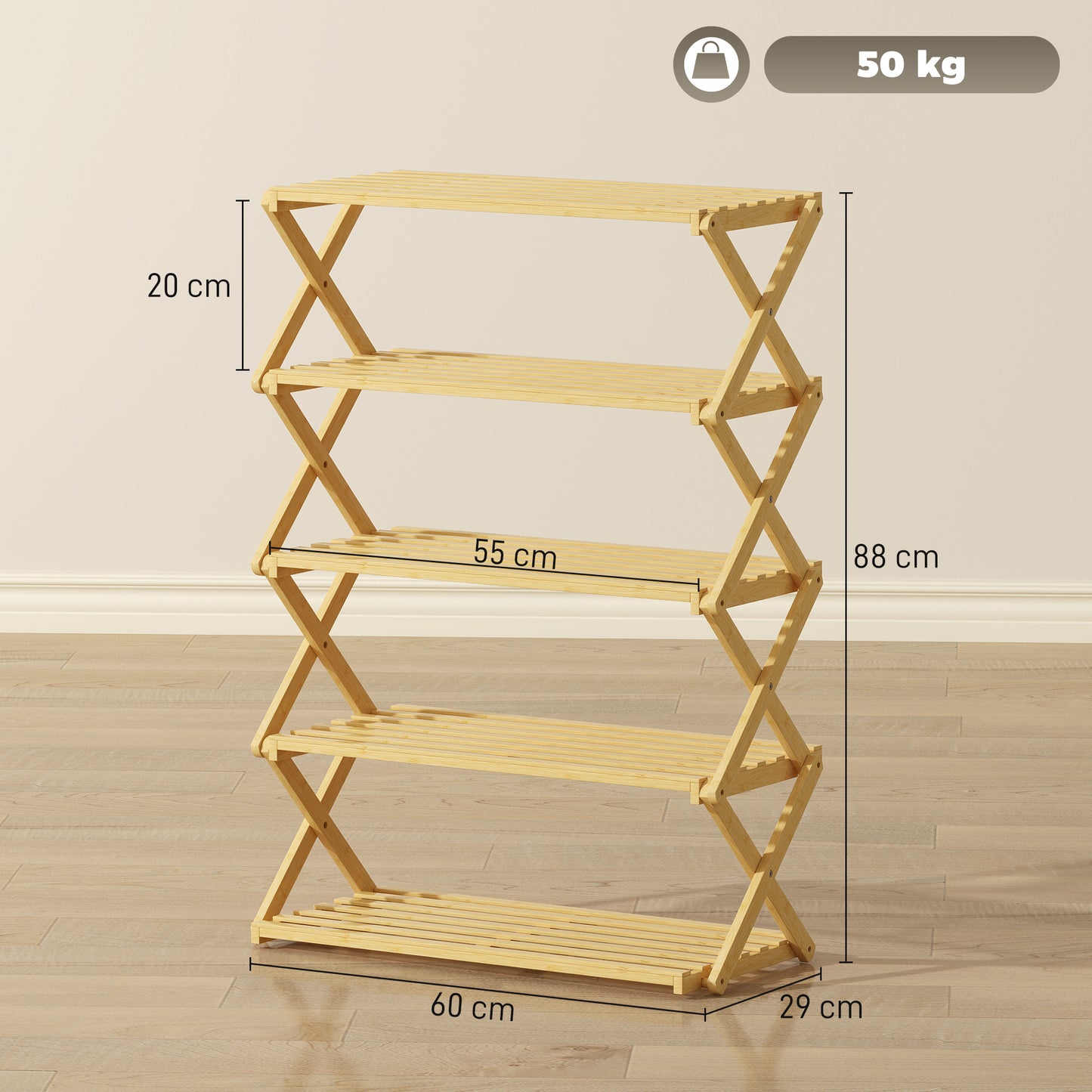 HOMCOM Five Tier Folding Bamboo Shoe Rack That Holds Up To 15 Pairs With Natural Finish