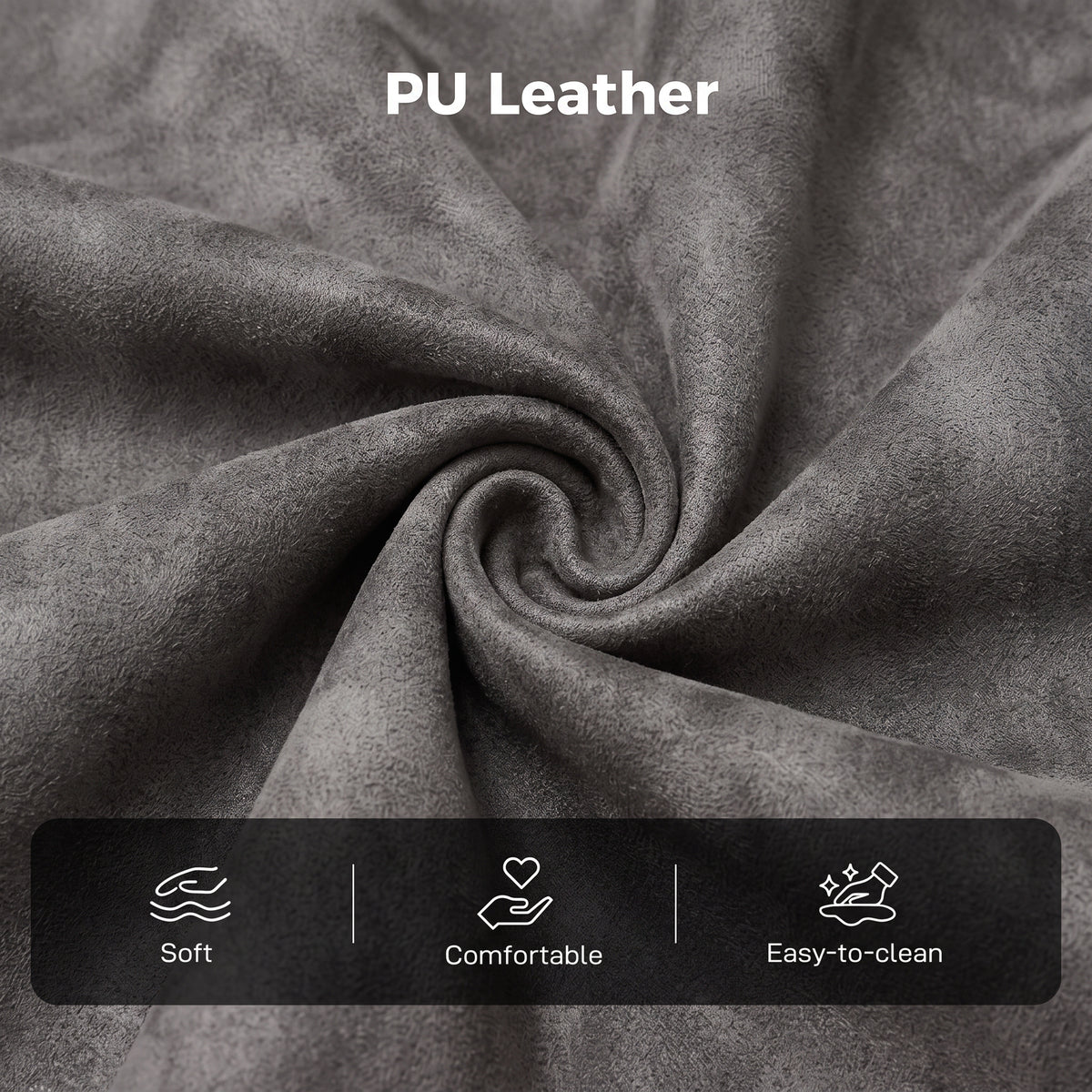 Grey PU leather recliner upholstery close-up with stitched seams