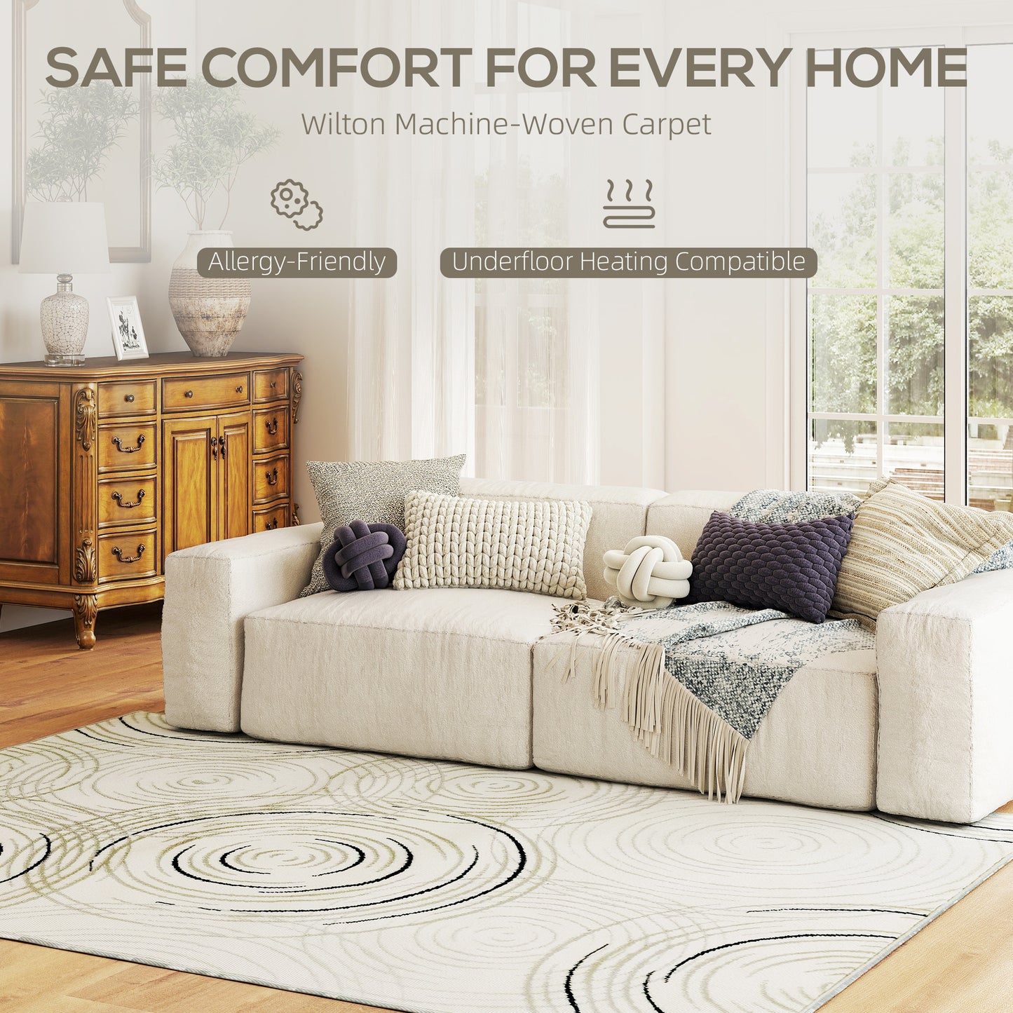HOMCOM Modern Area Rug 230x160 Cm Cream White Swirl Pattern Machine Washable Carpet For Living Room Bedroom Office