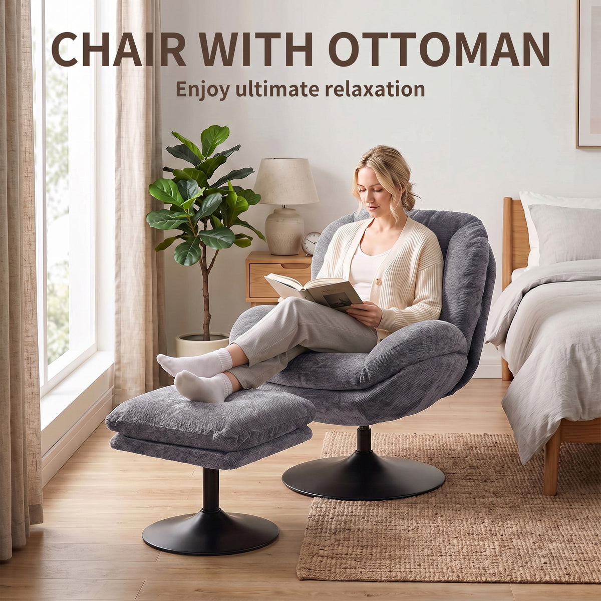 HOMCOM 360 Degree Chenille Swivel Accent Chair With Ottoman for Living Room Dark Grey