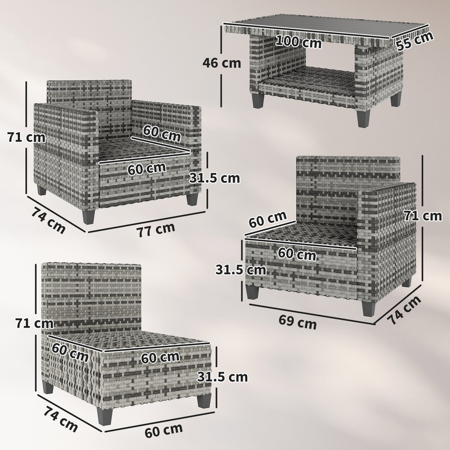Outsunny Six Piece Modular Rattan Sofa Set With Coffee Table In Light Grey For Outdoor Patio