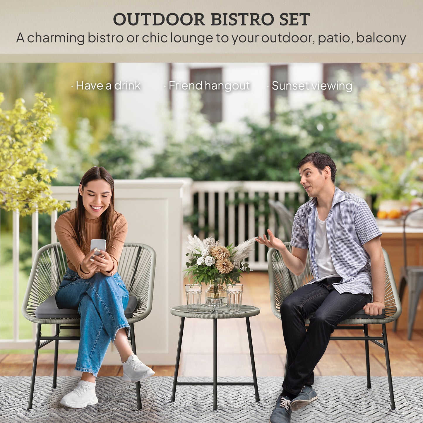 Outsunny 3 Piece Rattan Bistro Set With Cushioned Chairs Glass Top Table Outdoor Patio Balcony Light Grey