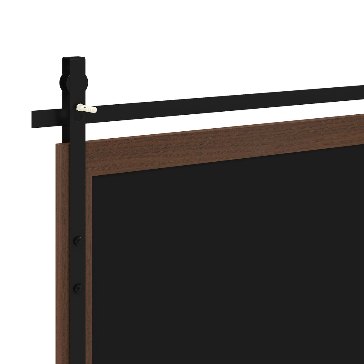 Farmhouse wall mirror side view with dark brown frame and black vertical brackets
