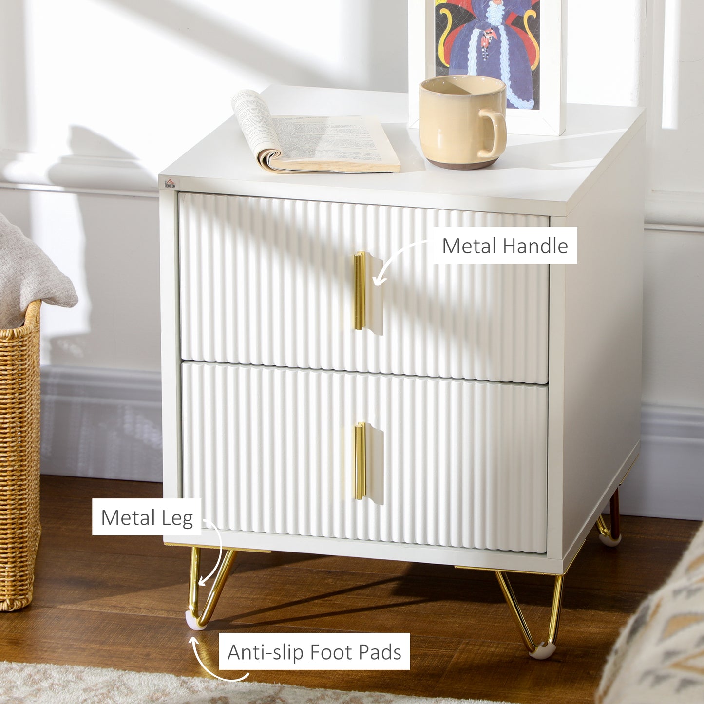 HOMCOM Set of 2 Two-Drawer Dressers in White with Gold-Tone Handles Ridged Fronts and Hairpin Legs