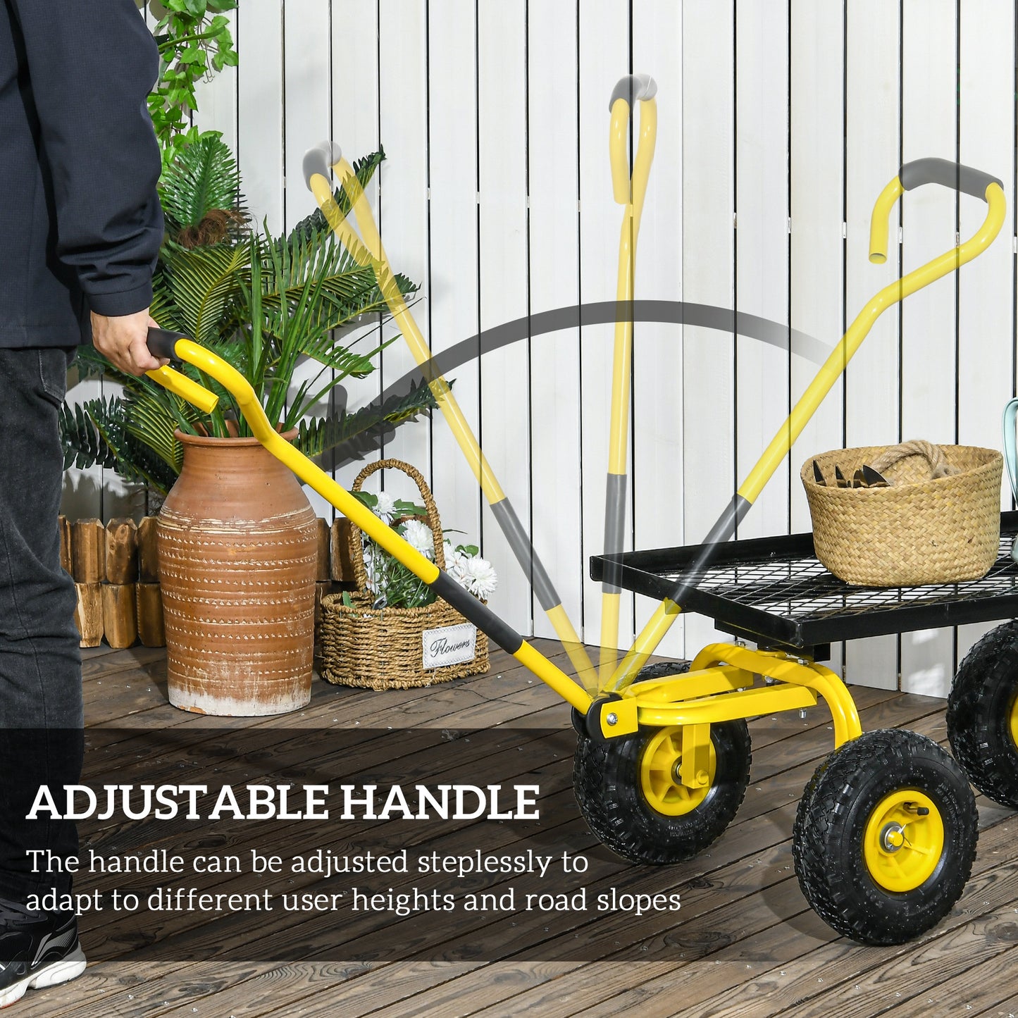 Outsunny Heavy Duty Garden Cart With Metal Frame 10 Inch Pneumatic Wheels Rotating Handle 150kg Capacity Yellow
