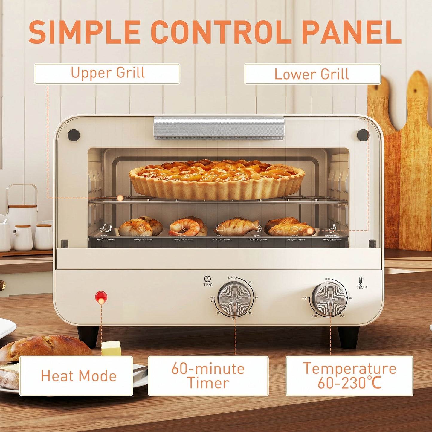 HOMCOM Mini Oven 12L Capacity Small Toaster Oven With Glass Door 750W Adjustable Temperature And Timer Cream White