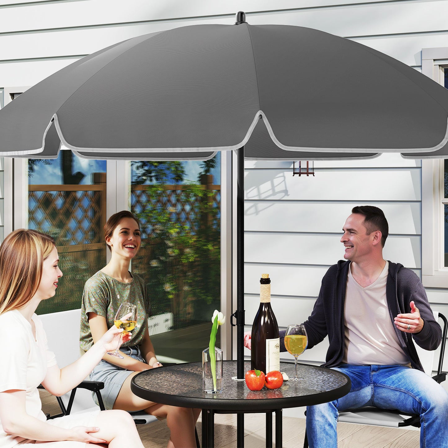 Outsunny 4 Seater Garden Furniture Set With Round Glass Top Table And Folding Chairs Parasol For Patio Cream White
