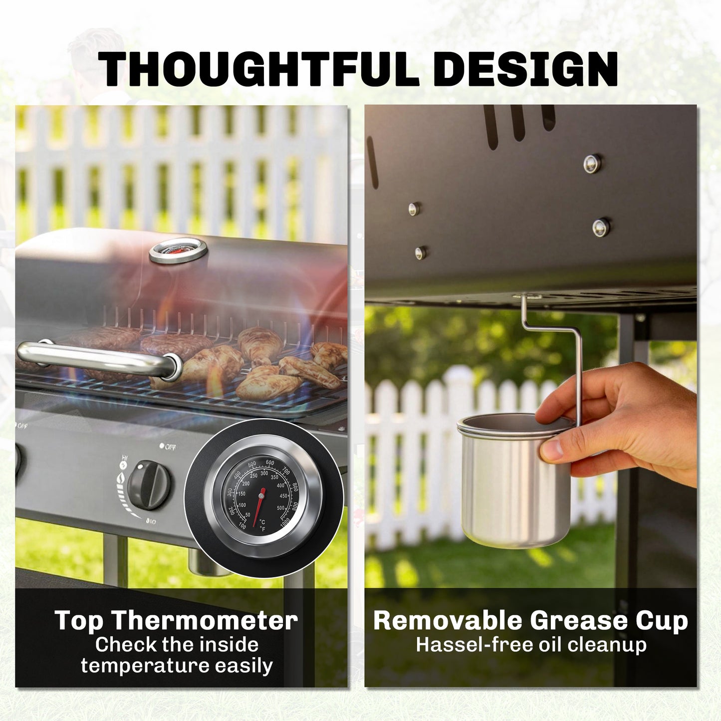 Outsunny Two Burner Gas Grill With Side Tables Warming Rack Thermometer Grease Tray Black