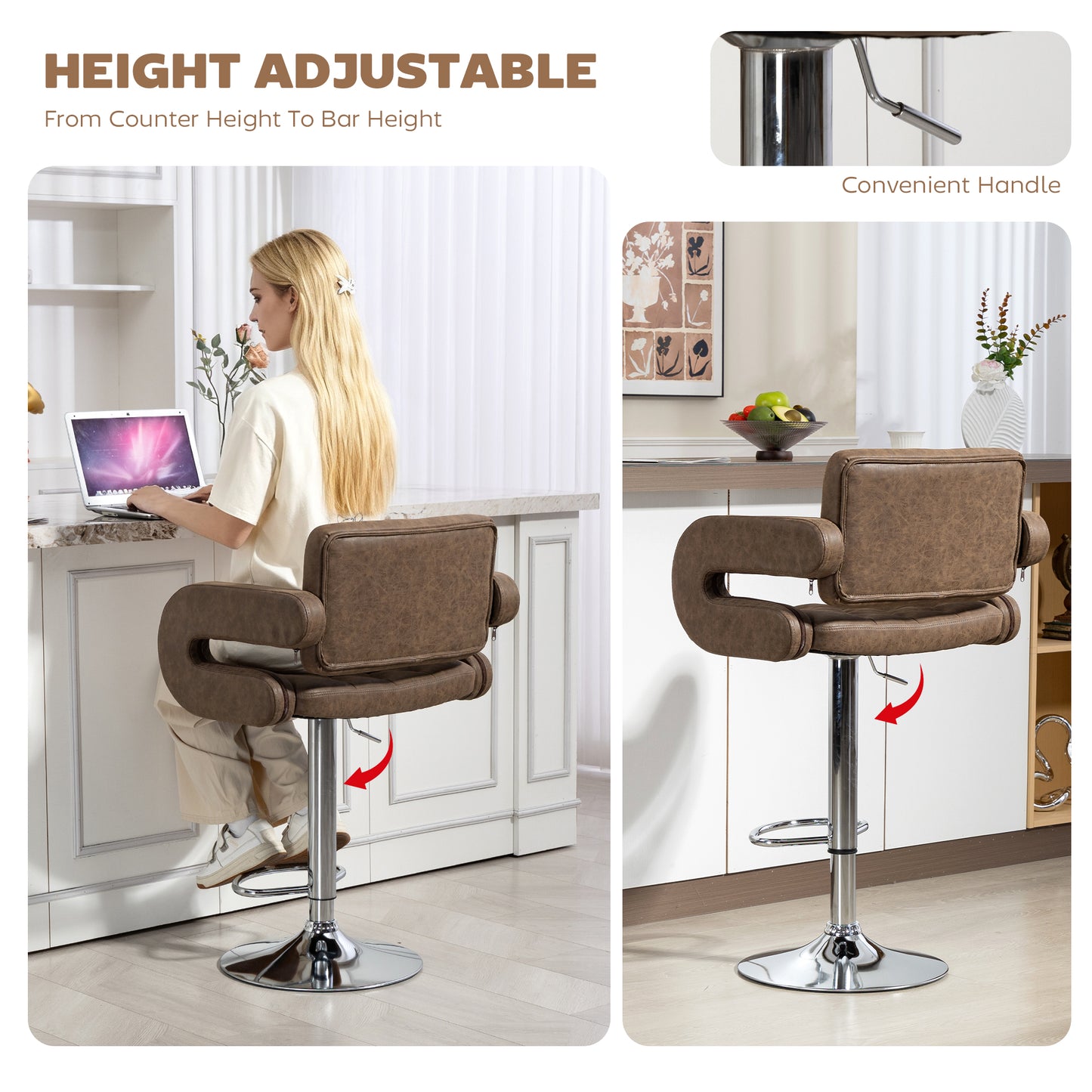 HOMCOM PU Leather Upholstered Swivel Bar Stool Height Adjustable Back Armrest Footrest Coffee