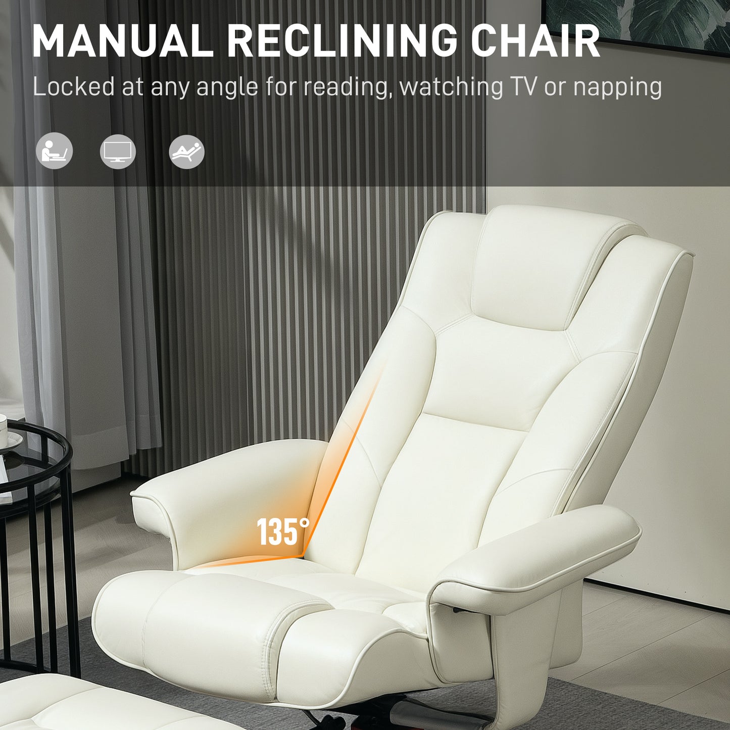 HOMCOM Faux Leather Manual Recliner and Footstool Set in Cream White 135 Degree Backrest