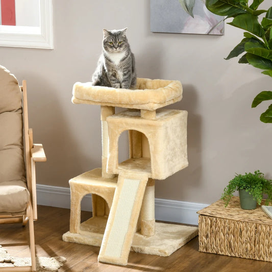 PawHut Sisal Cat Rest & Play Activity Tree with 2 Houses - Cream White | Pet Furniture