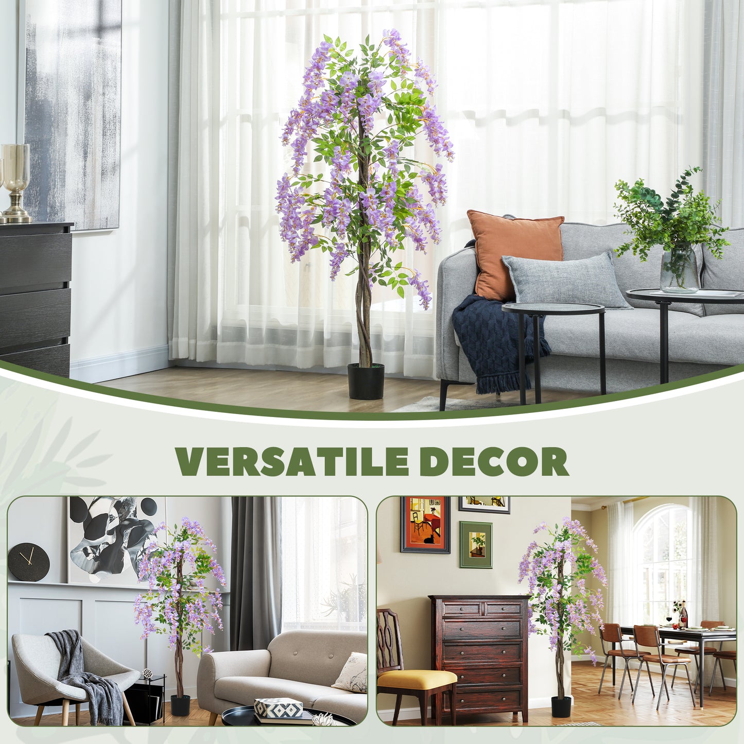 HOMCOM 180cm Ficus Artificial Tree With Wisteria Flowers In Nursery Pot Indoor Tall Faux Floor Plant Purple