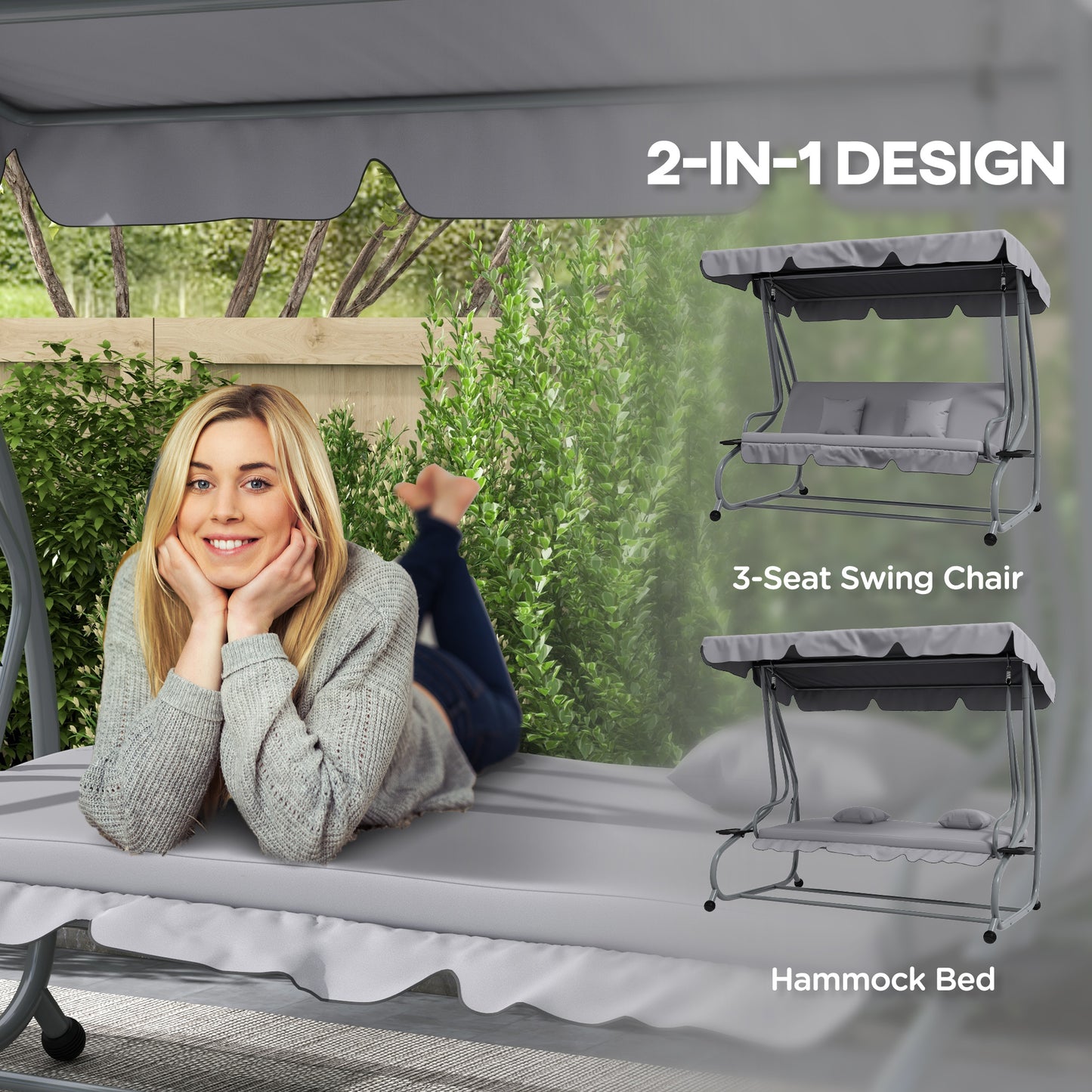 Outsunny Three Person Garden Swing Chair With Adjustable Canopy Light Grey Powder Coated Steel