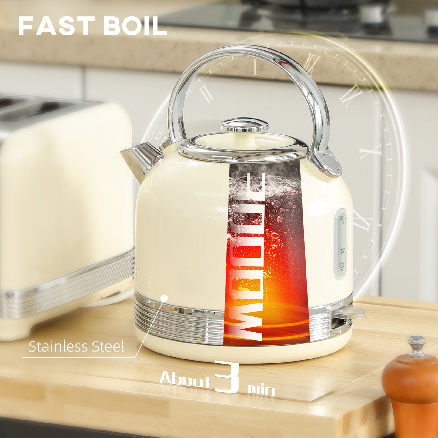 HOMCOM Cream Polished Stainless Steel Kettle and Toaster Set With Fast Boil 3000 Watt Kettle and Four Slice Toaster