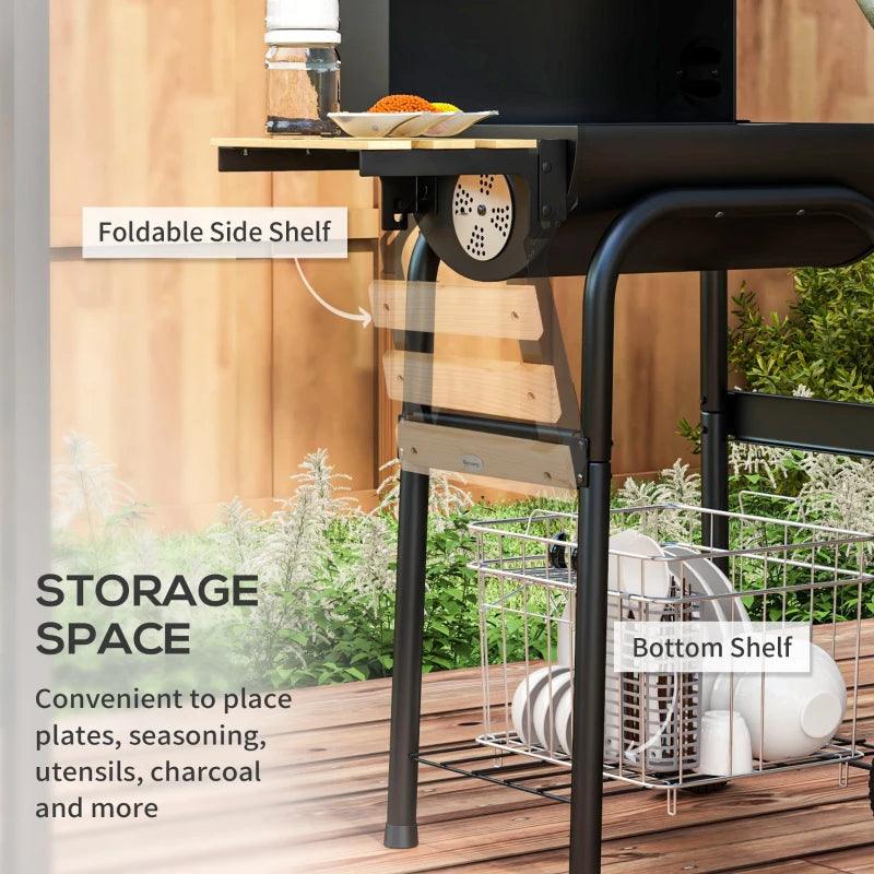 Outsunny Wheeled Charcoal Barbecue Grill Trolley with Shelves - Outdoor BBQ Grill, Portable and Convenient - Black - ALL4U RETAILER LTD