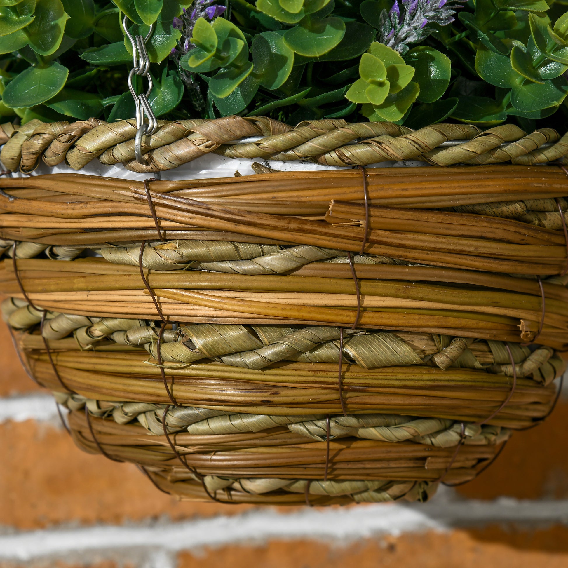 Outsunny Set of 2 Purple Artificial Lisianthus Flower Hanging Planters with Wicker Baskets for Indoor and Outdoor Use - ALL4U RETAILER LTD