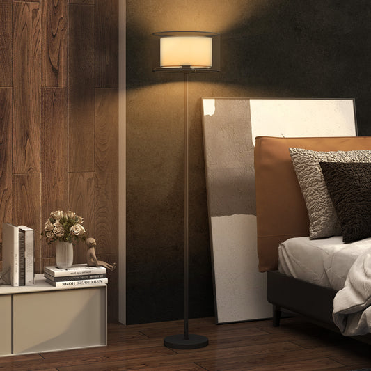 HOMCOM Floor Lamp For Living Room And Office With Double Layer Shade And Foot Switch, Minimalist Tall Pole Black