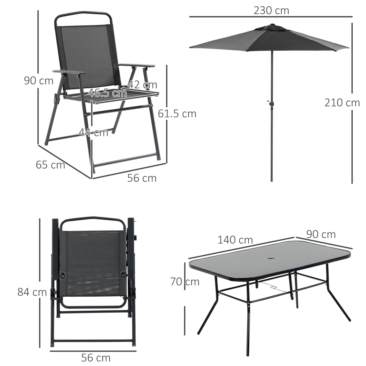 Outsunny 8-Piece Black Metal Patio Dining Set with Parasol and Folding Chairs - 6 Seater Outdoor Table with Tempered Glass Top - ALL4U RETAILER LTD