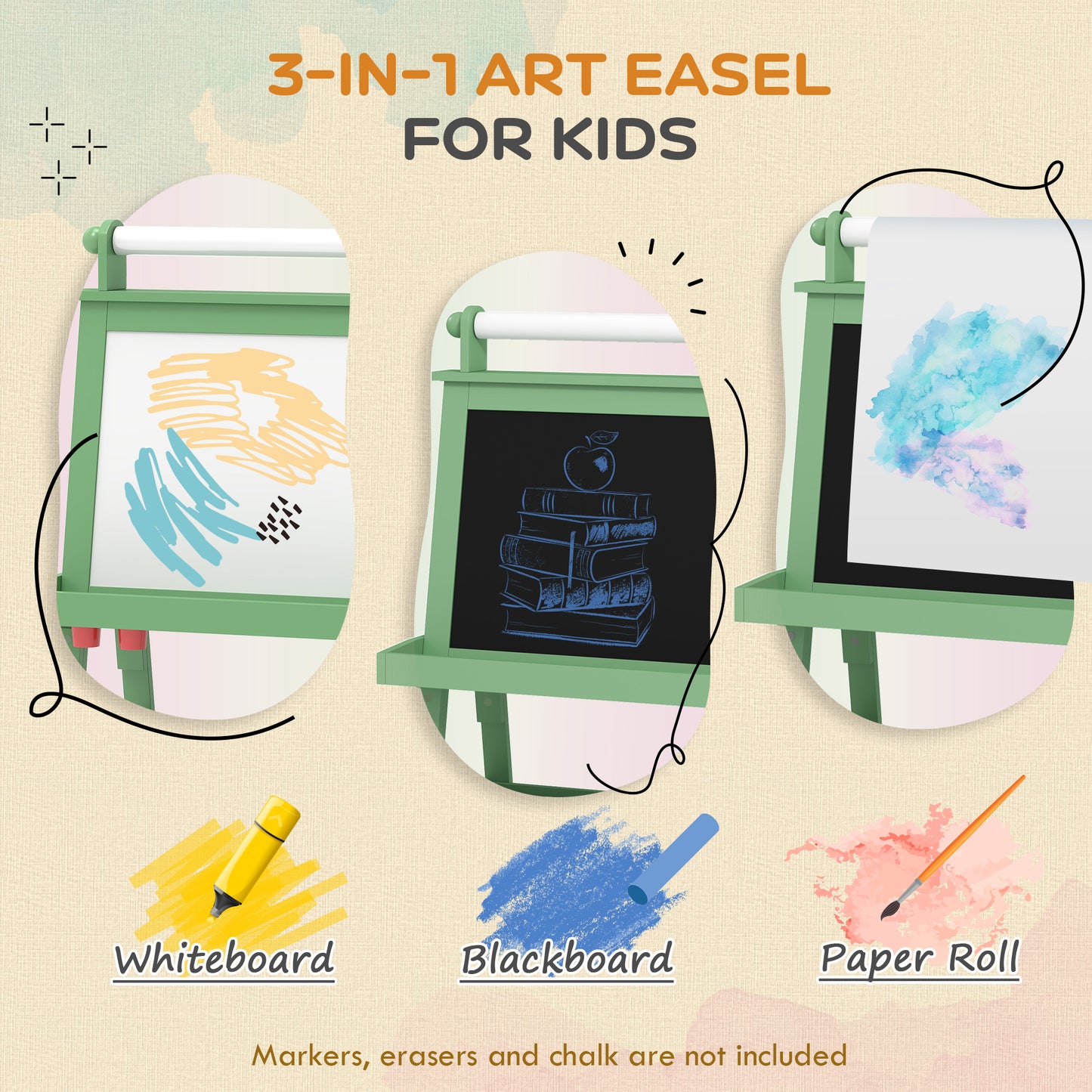 AIYAPLAY 3 In 1 Kids Easel Double Sided Magnetic Whiteboard And Chalkboard With Paper Roll Storage Baskets Green