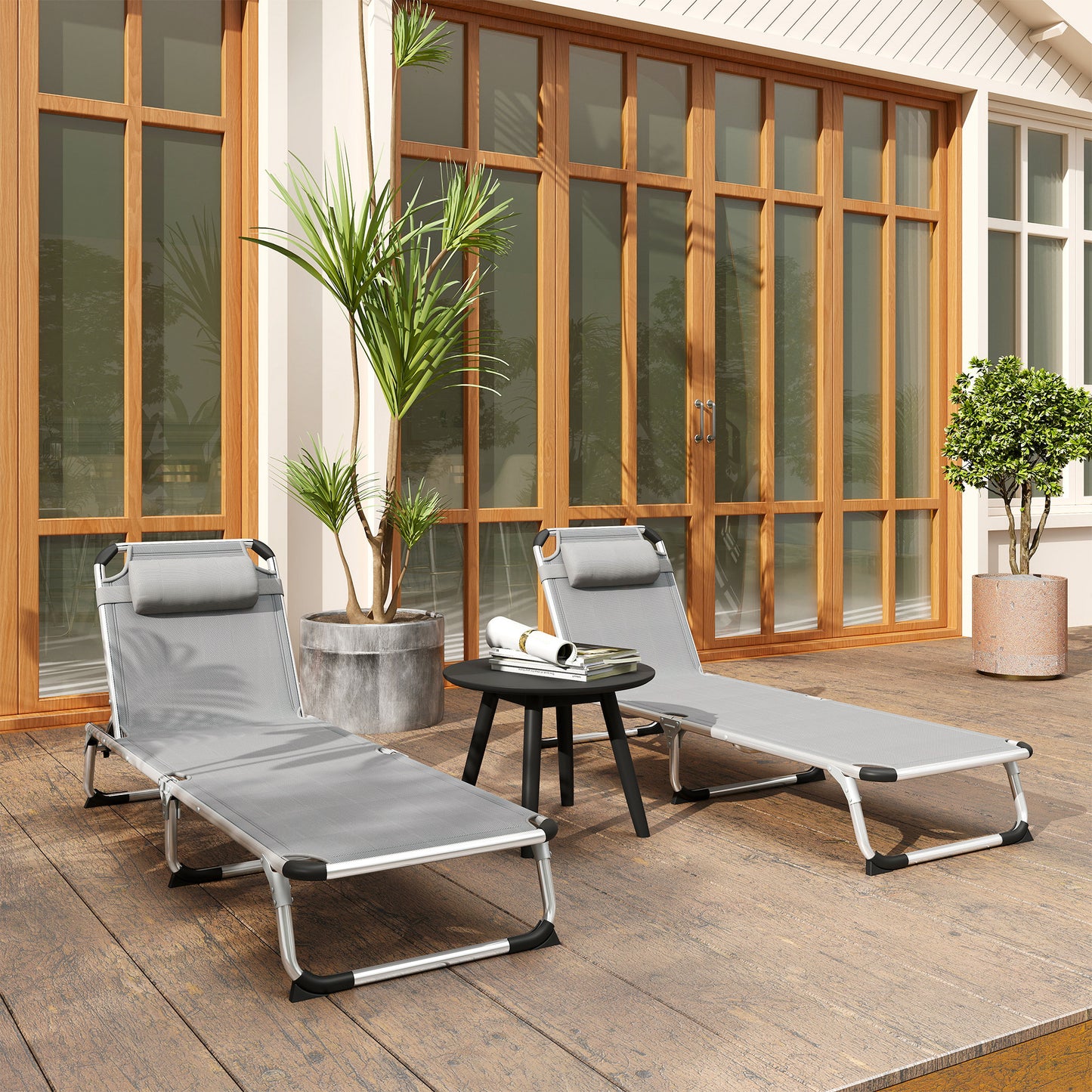 Outsunny Foldable Outdoor Sun Lounger Set Of 2 With Pillow 4 Level Adjustable Back Aluminium Frame Light Grey