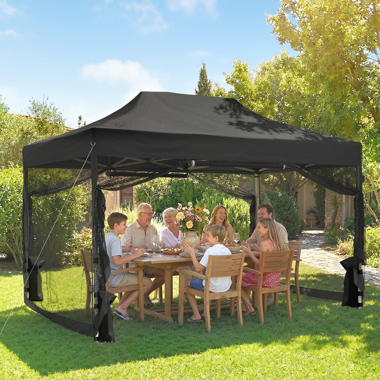 Outsunny 3 By 4.5 Meter Pop Up Gazebo With Mesh Netting UPF50 Plus Heavy Duty Outdoor Garden Tent Marquee Black