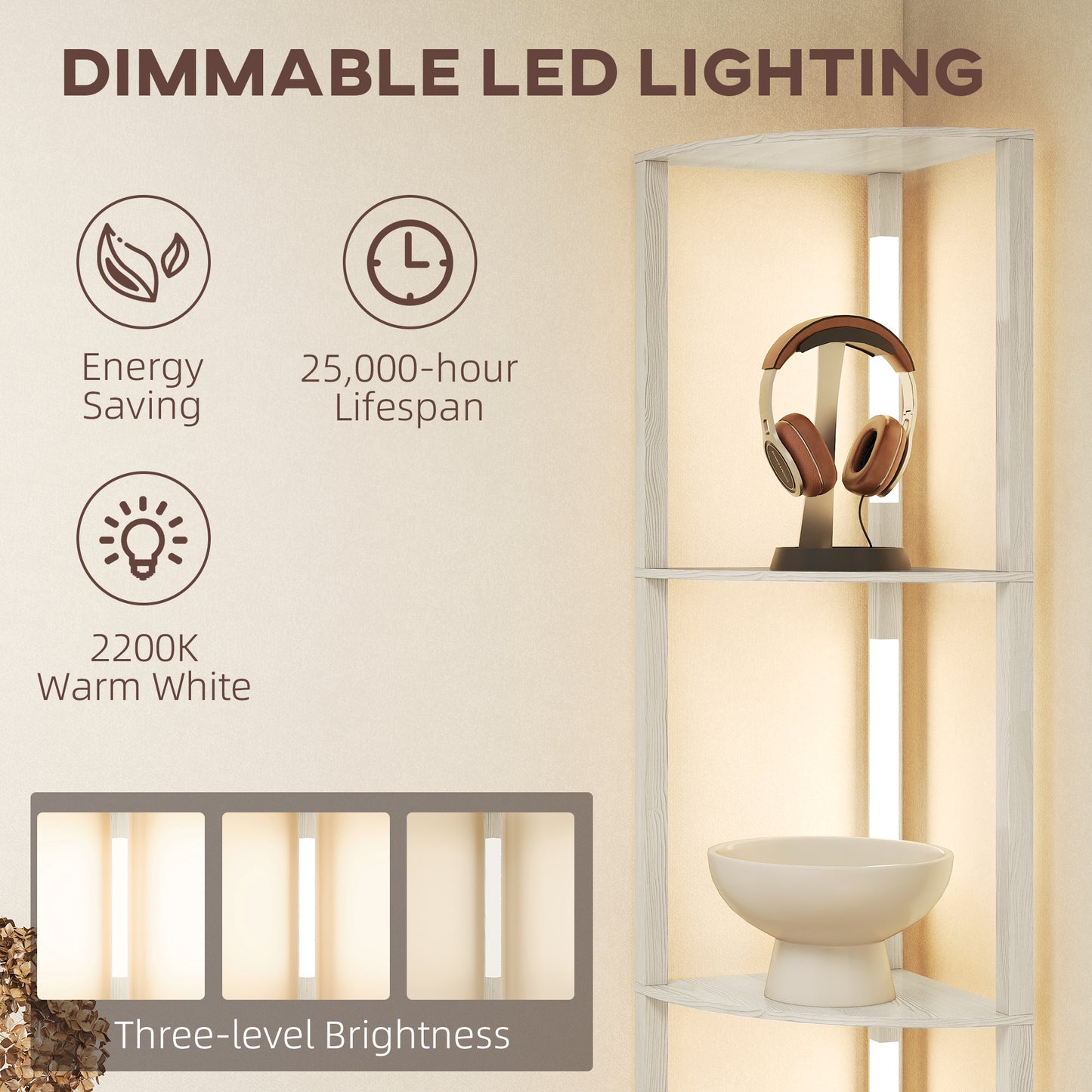 HOMCOM 4 Tier Corner Floor Lamp With Three Level Adjustable Brightness And 3000K LED Backlight 163.5cm Tall
