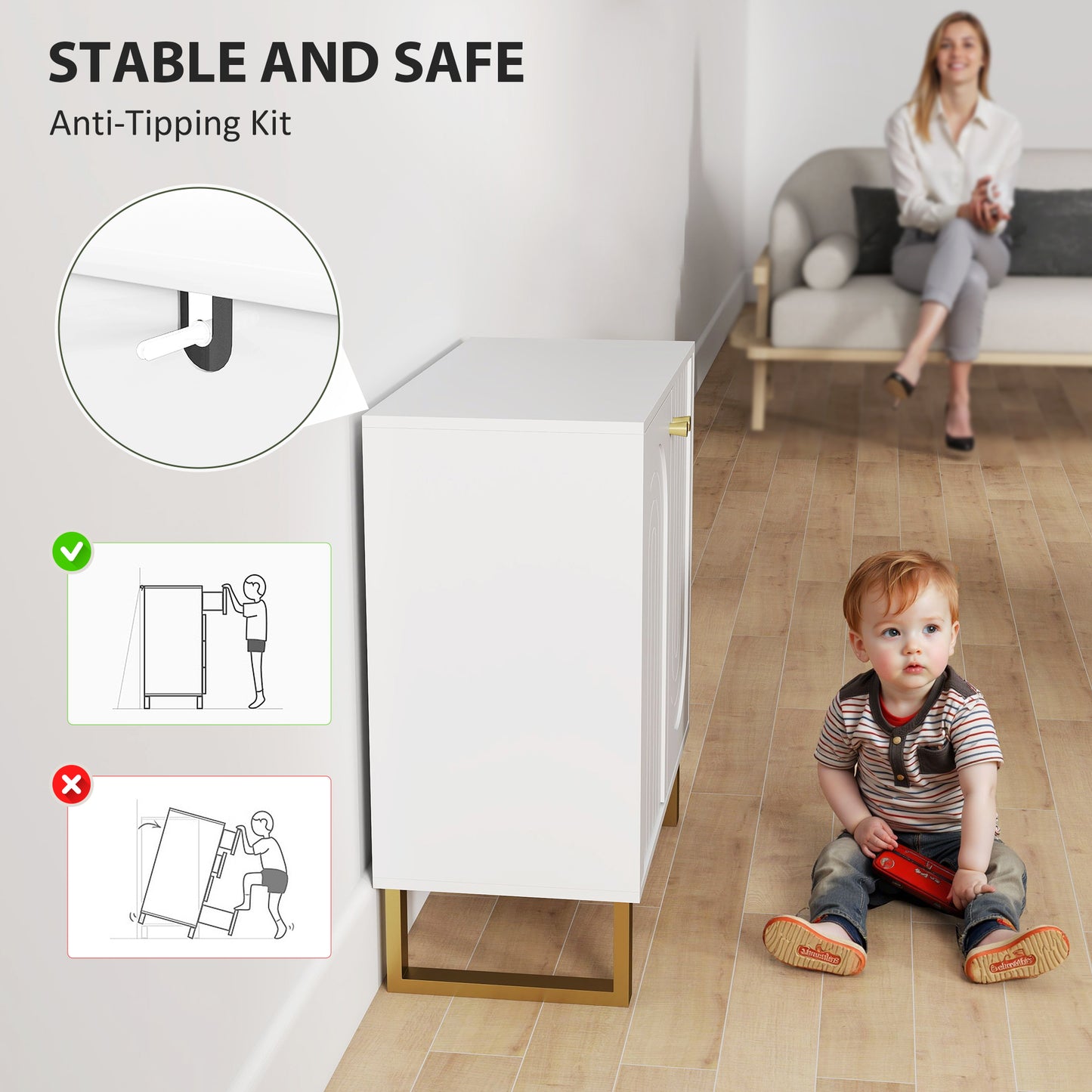HOMCOM 2 Door Sideboard Storage Cabinet White Adjustable Three Level Shelf Arched Doors And Golden Accents Living Room