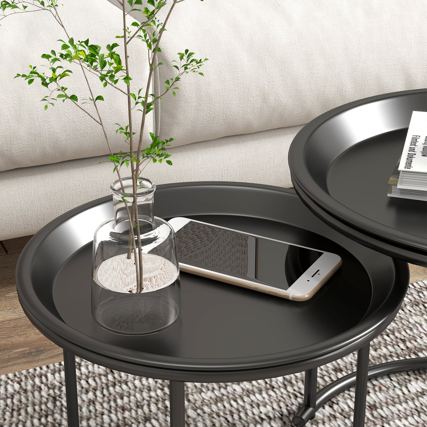 HOMCOM Nesting Tables Set Of 2 With Removable Tray Steel Frame End Tables For Living Room And Bedroom Black