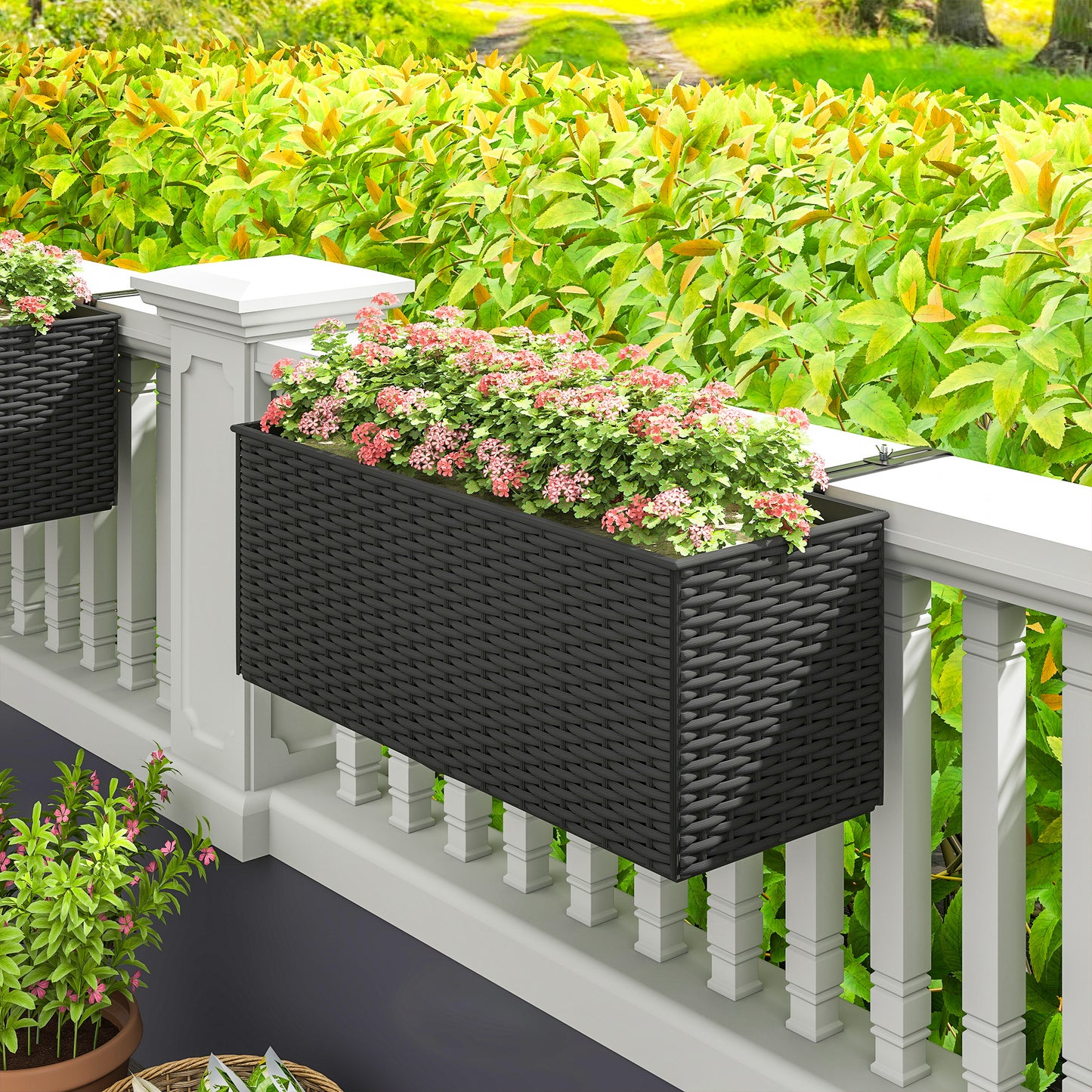 Outsunny Set of Two Rattan Effect Planters Black With Hooks For Balcony Railings And Outdoor Garden Decor