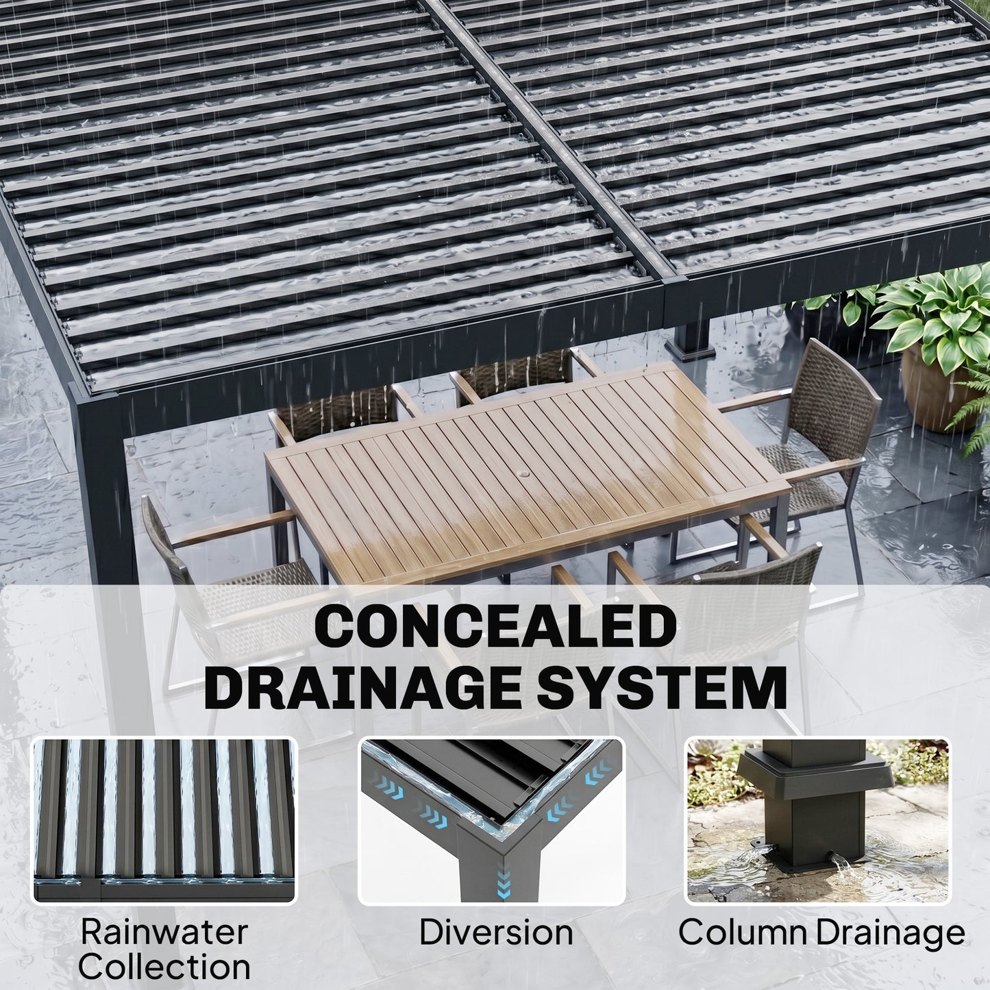Outsunny 3 x 3 m Louvered Pergola With Solar LED Lights Metal Roof Drainage Gutters Black