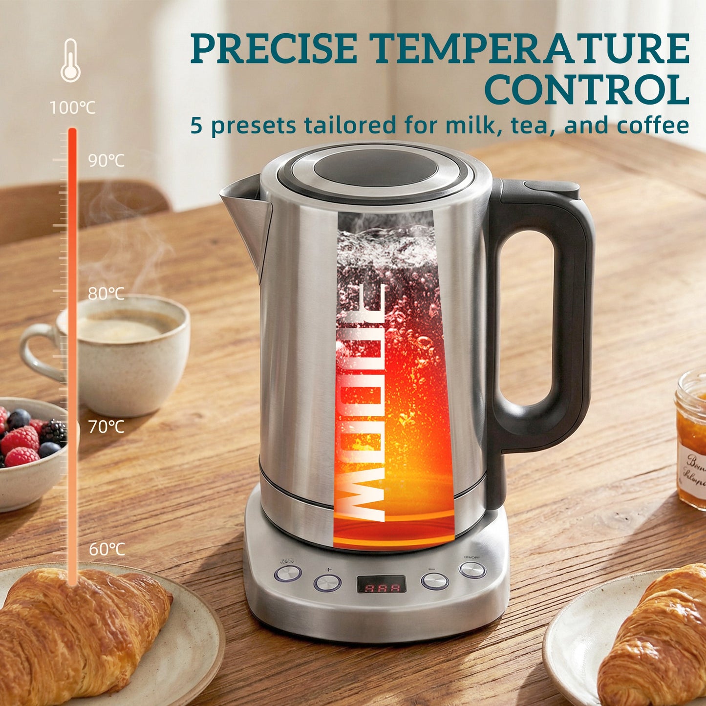 HOMCOM Electric Kettle 1.7L 3000W Fast Boil With UK Strix Thermostat Keep Warm Function LCD Base Silver Tone