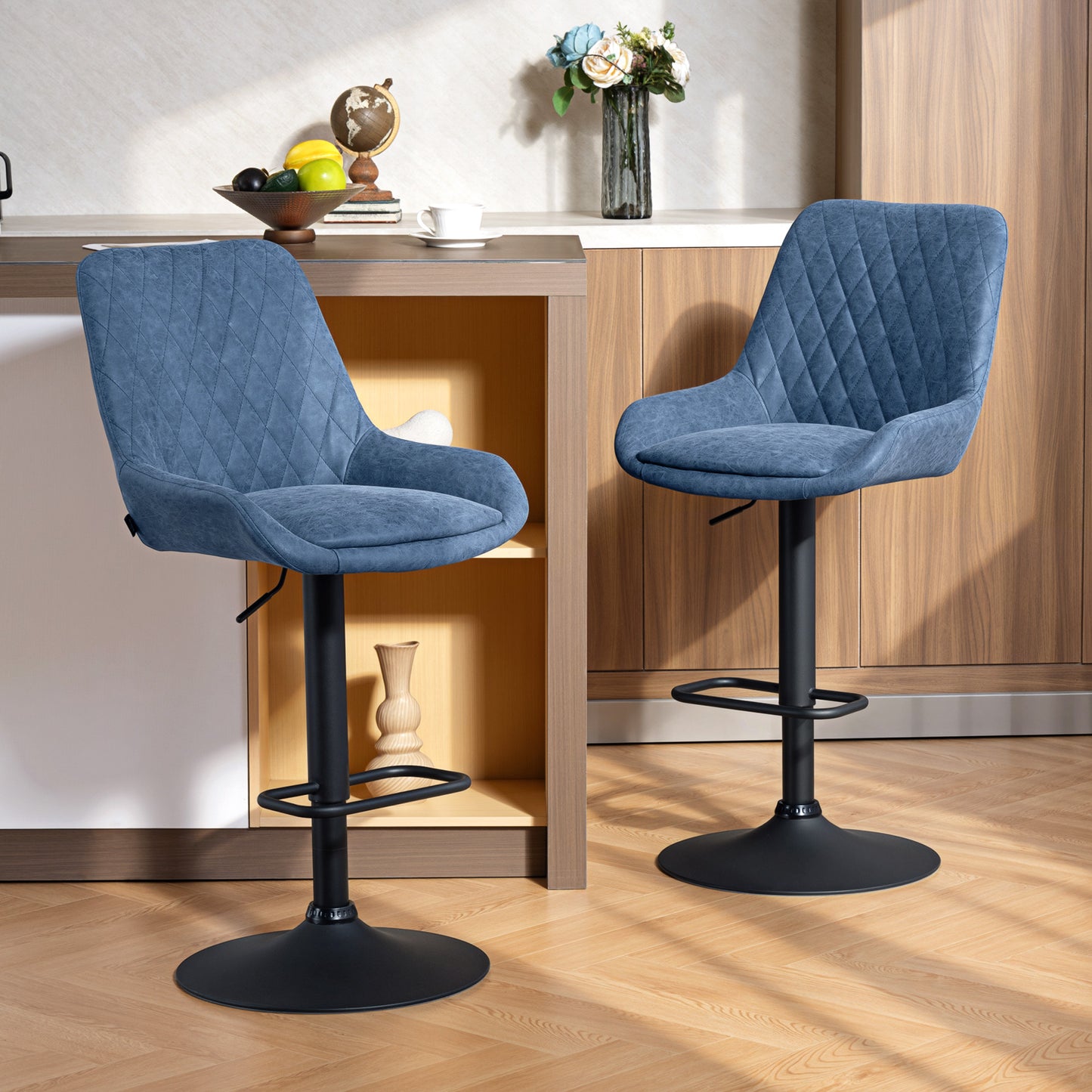 HOMCOM Set of Two Faux Leather Retro Bar Stools With Adjustable Height 63 to 83 Cm Metal Base Dark Blue