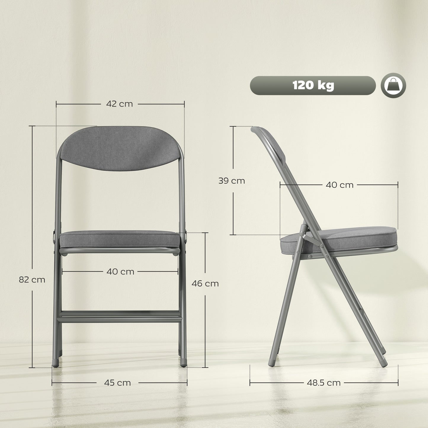 HOMCOM Set Of Four Folding Corduroy Seat Chairs Grey With Padded Seats And Back For Home Use And Events